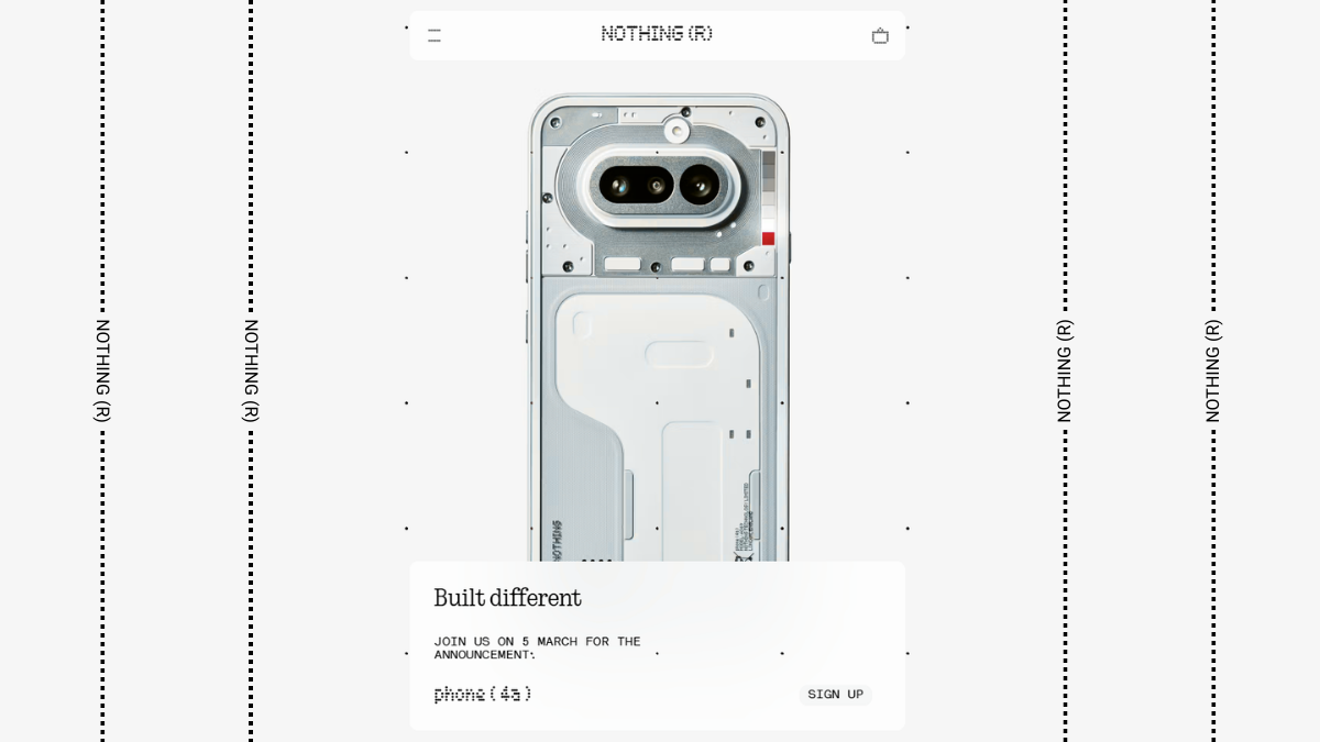 Official "Built different" announcement poster for the Nothing Phone (4a) featuring a rear view of the device's unique pill-shaped camera module and new Glyph Bar lighting.