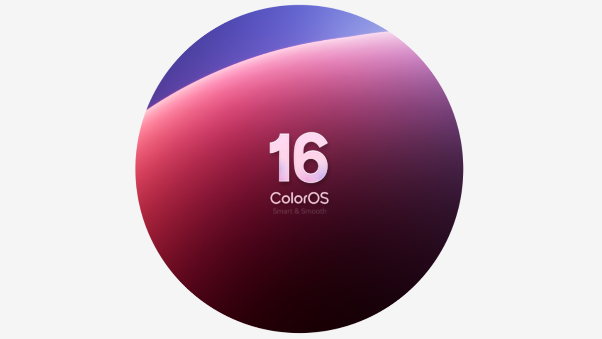 A circular graphic featuring a vibrant gradient of purple, pink, and dark red tones with the number "16" and "ColorOS Smart & Smooth" text centered in white.