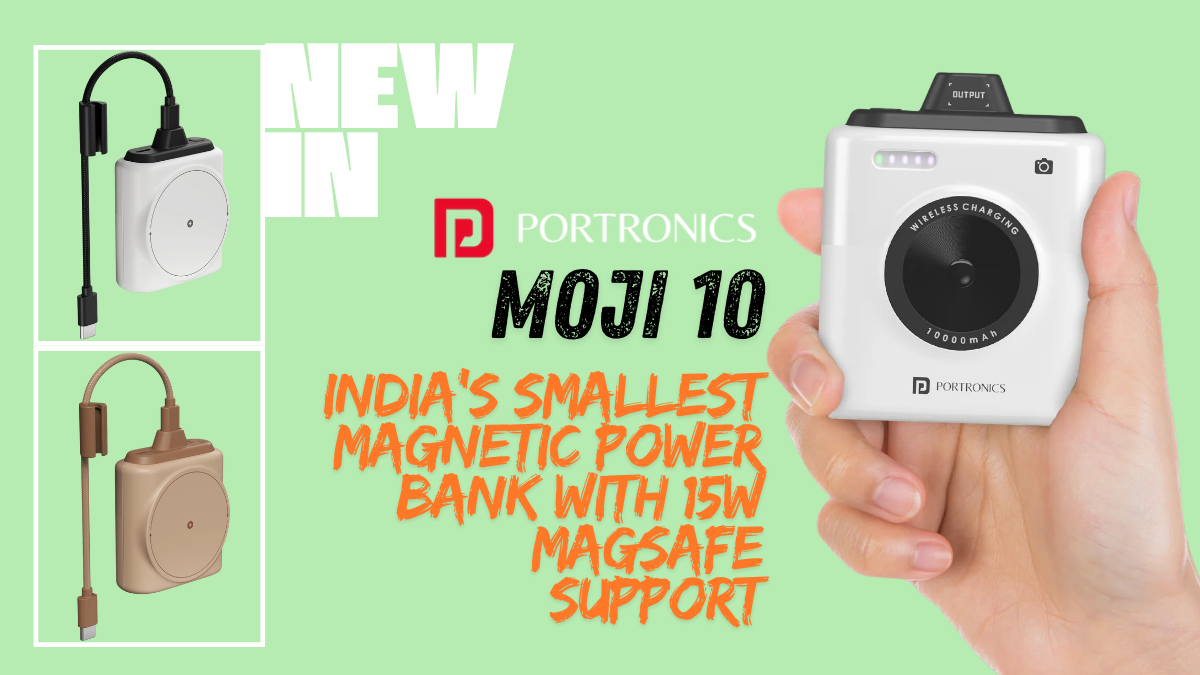 A hand-held Portronics Moji 10 magnetic power bank in White and Mocha, highlighting its ultra-compact camera-inspired design and built-in LED indicator.