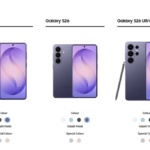 A side-by-side comparison of the Samsung Galaxy S26, S26+, and S26 Ultra in Cobalt Violet, showcasing their front and rear designs, S-Pen for the Ultra, and available color swatches.