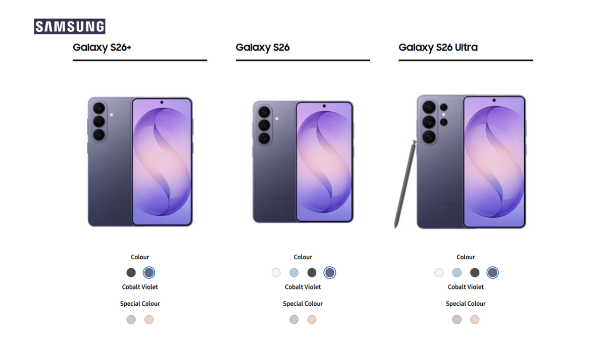 A side-by-side comparison of the Samsung Galaxy S26, S26+, and S26 Ultra in Cobalt Violet, showcasing their front and rear designs, S-Pen for the Ultra, and available color swatches.