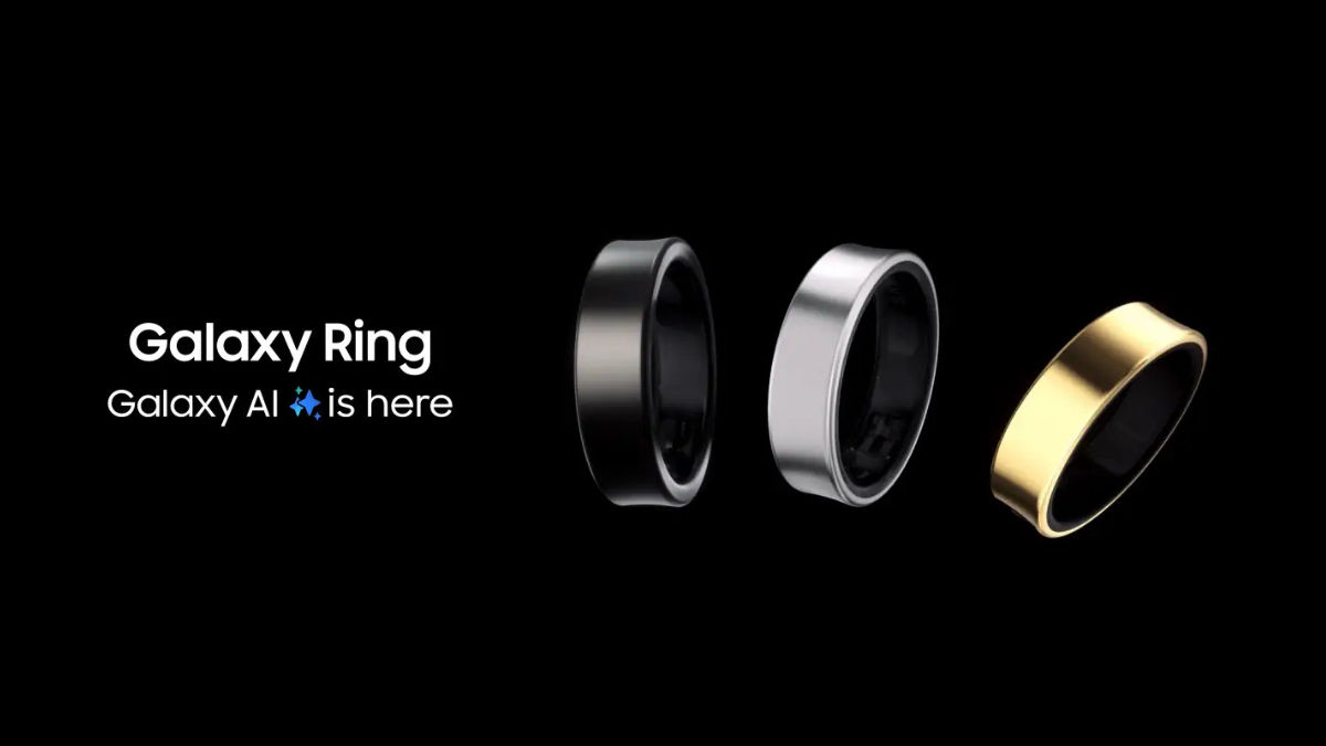 Three Samsung Galaxy Rings in Black, Silver, and Gold finishes displayed against a dark background with the text "Galaxy AI is here".