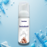 Promotional image of SmiloShine Aligner and Denture Cleaner Foam, showing a 2-in-1 foam dispenser used for cleaning and whitening clear orthodontic aligners.