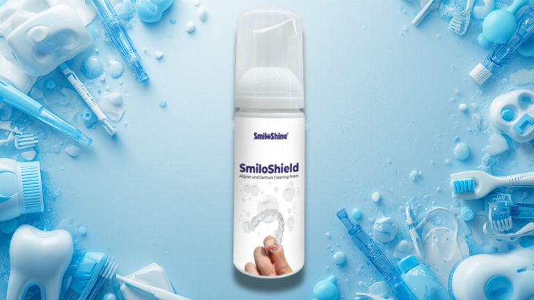 Promotional image of SmiloShine Aligner and Denture Cleaner Foam, showing a 2-in-1 foam dispenser used for cleaning and whitening clear orthodontic aligners.