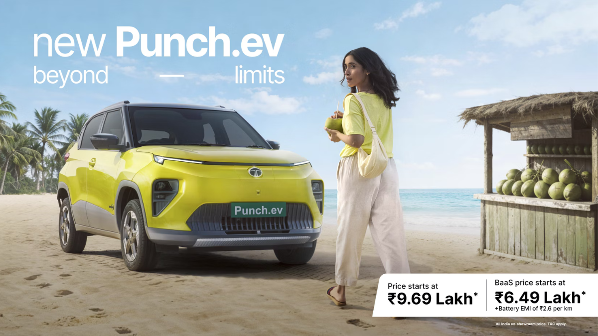 The new Tata Punch.ev facelift in Sunlit Yellow parked on a beach, highlighting its starting prices of ₹9.69 Lakh for the full car and ₹6.49 Lakh under the BaaS model.