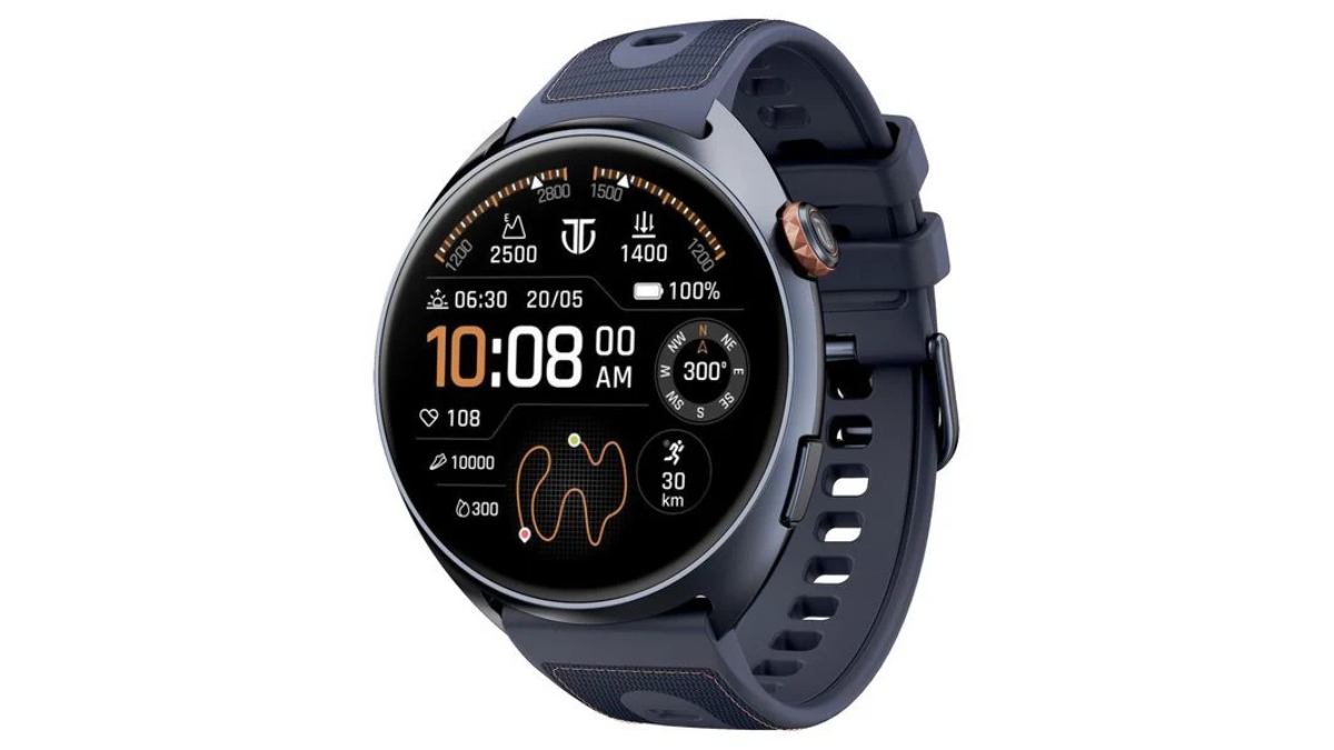 A high-resolution product shot of the Titan Smart Celestor 2.0 featuring a circular 1.43-inch AMOLED display, a rugged aluminum case with a rotary crown, and a premium hybrid nylon-silicone strap.