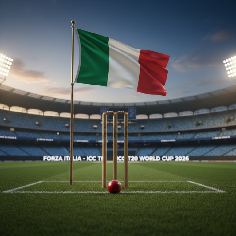 A vibrant Italian flag waving next to cricket wooden wickets and a cricket ball on a professional stadium pitch under bright floodlights, with "FORZA ITALIA - T20 WORLD CUP 2026" visible in the background.