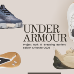 A composite promotional image for the Under Armour Project Rock 8 'Breaking Barriers' edition training shoes, showcasing three different colorways: slate blue, classic white, and desert sand. The display includes a top-down view of the insoles, a side profile highlighting the external heel counter, and a detailed view of the UA TriBase™ rubber outsole featuring the iconic Brahma Bull logo.