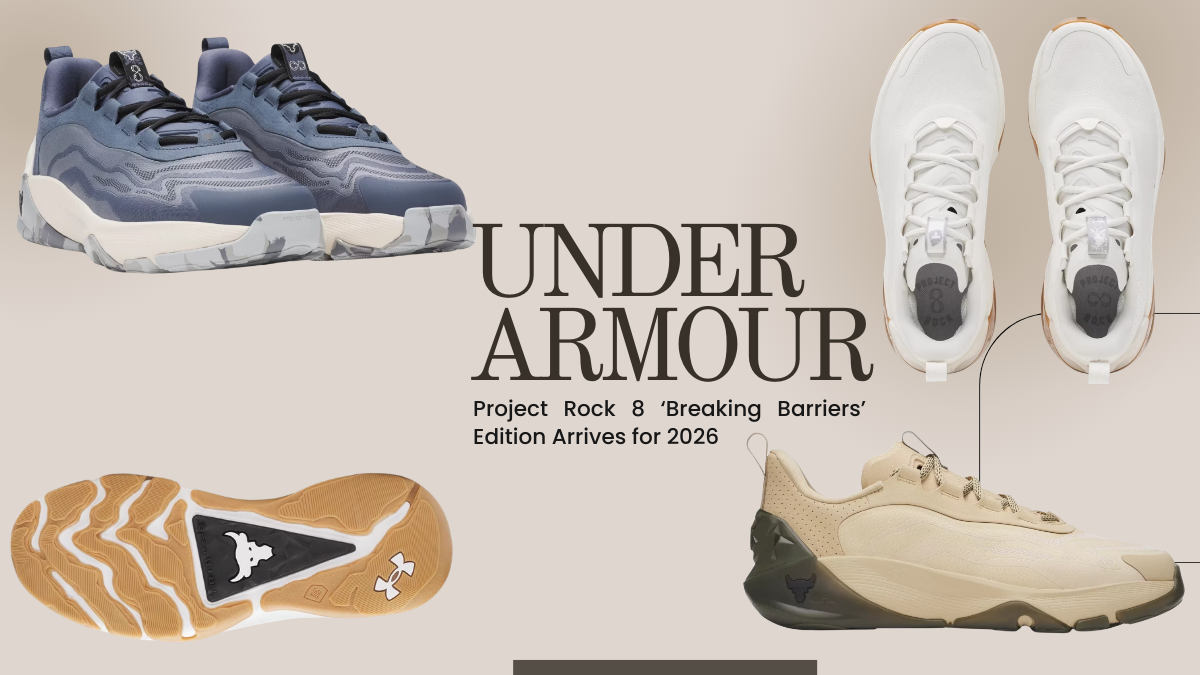 Now in India: The Under Armour Project Rock 8 ‘Breaking Barriers’ Edition Arrives for 2026 1 A composite promotional image for the Under Armour Project Rock 8 'Breaking Barriers' edition training shoes, showcasing three different colorways: slate blue, classic white, and desert sand. The display includes a top-down view of the insoles, a side profile highlighting the external heel counter, and a detailed view of the UA TriBase™ rubber outsole featuring the iconic Brahma Bull logo.