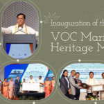 A collage of four images showing Union Minister Sarbananda Sonowal at the inauguration of the VOC Maritime Heritage Museum in Tuticorin, featuring a large ceremonial check and commemorative plaques.