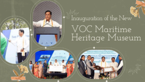 A collage of four images showing Union Minister Sarbananda Sonowal at the inauguration of the VOC Maritime Heritage Museum...