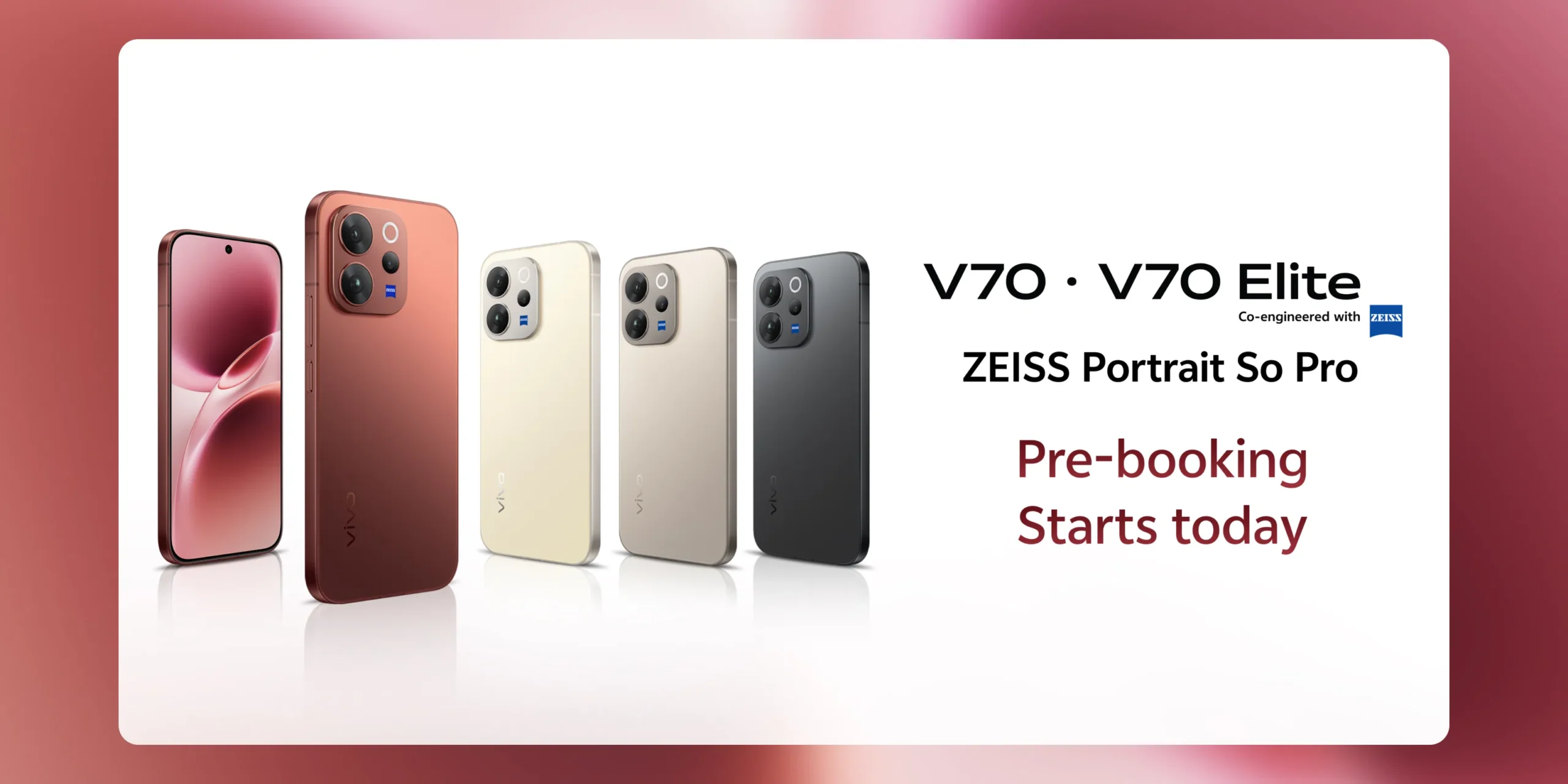 A promotional banner for the vivo V70 and V70 Elite smartphones, showcasing the devices in four colors: Passion Red, Lemon Yellow, Sand Beige, and Authentic Black, featuring the ZEISS co-engineered camera system.