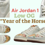 Profile and detail shots of the Air Jordan 1 Low OG "Year of the Horse" (2026) featuring gray canvas uppers, tonal pony hair overlays on the Swoosh and heel, and intricate floral embroidery on the toe box.