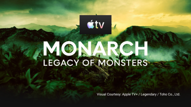 Official promotional poster for Monarch: Legacy of Monsters on Apple TV+ featuring a lush, misty green mountain landscape with the series title and production credits for Legendary and Toho Co., Ltd.