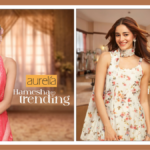 Bollywood actor Ananya Panday showcasing Aurelia’s Spring Summer 2026 collection in two frames: one in a vibrant pink ethnic set and another in a floral printed sleeveless outfit.
