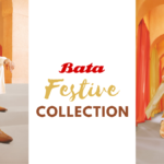 A promotional banner for the Bata Festive Collection featuring a man in a white sherwani with brown leather loafers and a woman in a gold ethnic ensemble with gold block heels, set against a warm, architectural background.
