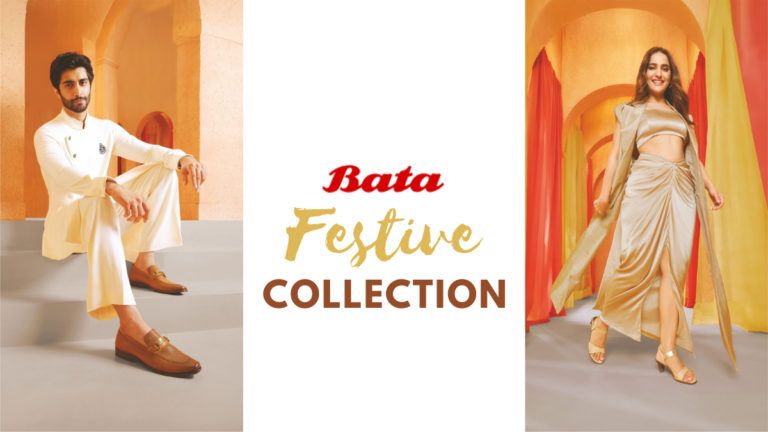 Bata Eid Collection 2026: Stepping into Festive Elegance and Comfort 1 A promotional banner for the Bata Festive Collection featuring a man in a white sherwani with brown leather loafers and a woman in a gold ethnic ensemble with gold block heels, set against a warm, architectural background.