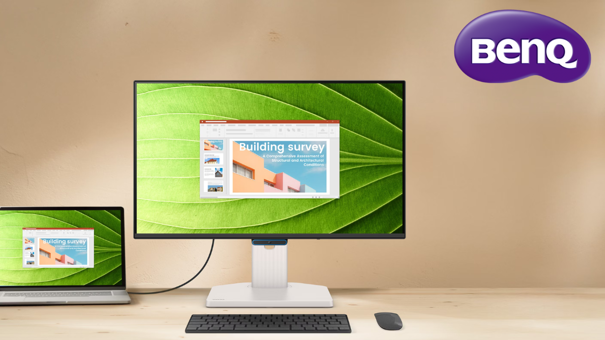 BenQ GW90TC series monitor on a wooden desk connected to a laptop via a single USB-C cable.