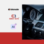 A collage featuring the logos of CarWale, BikeWale, CarTrade, Adroit Auto, Shriram Automall, and a modern AI icon alongside a close-up of a luxury car's dashboard.