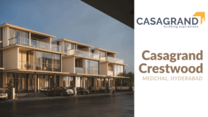 Exterior architectural rendering of the modern Casagrand Crestwood luxury villas in Medchal, Hyderabad, featuring large gl...