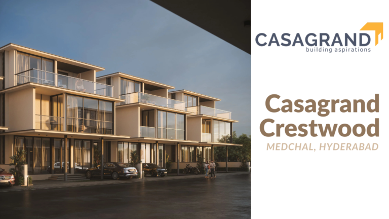 Exterior architectural rendering of the modern Casagrand Crestwood luxury villas in Medchal, Hyderabad, featuring large glass facades, balconies, and street-level parking.