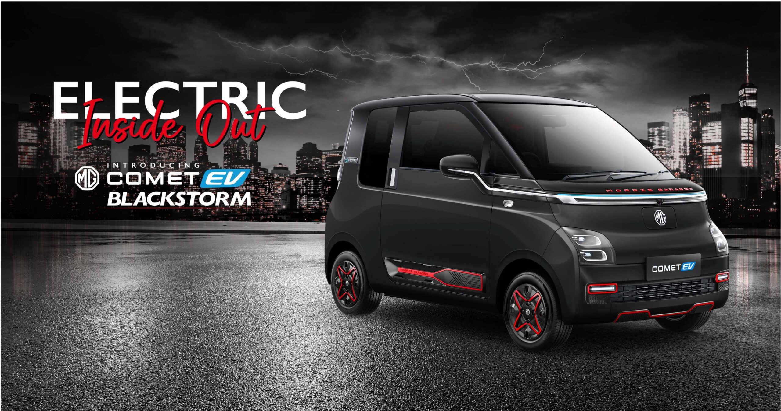 A side-profile view of the MG Comet EV Blackstorm Edition in Starry Black paint with red accents on the wheels and side body, set against a dark city skyline background.