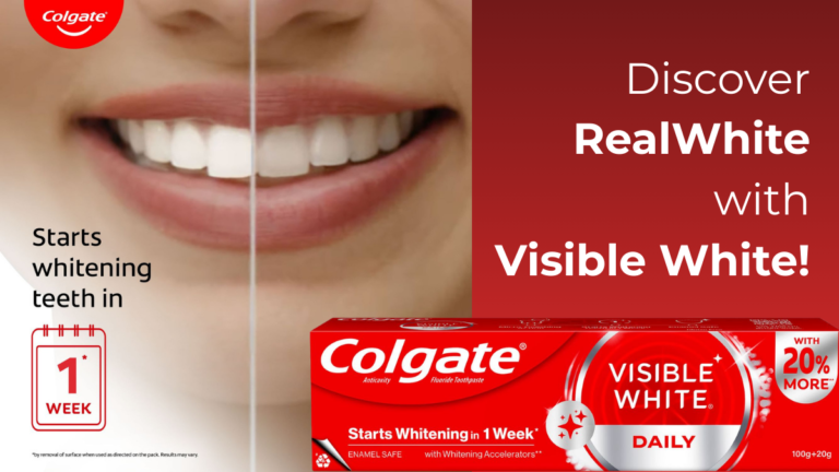 A before-and-after comparison of a smile showing instant whitening results next to a pack of Colgate Visible White Purple.