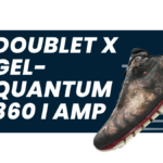 Profile view of the ASICS x Doublet GEL-QUANTUM 360 I AMP sneaker featuring a 3D-printed Tyrannosaurus Rex graphic on the upper with visible red GEL cushioning in the midsole.