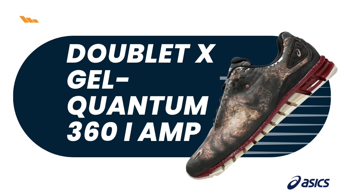 Profile view of the ASICS x Doublet GEL-QUANTUM 360 I AMP sneaker featuring a 3D-printed Tyrannosaurus Rex graphic on the upper with visible red GEL cushioning in the midsole.