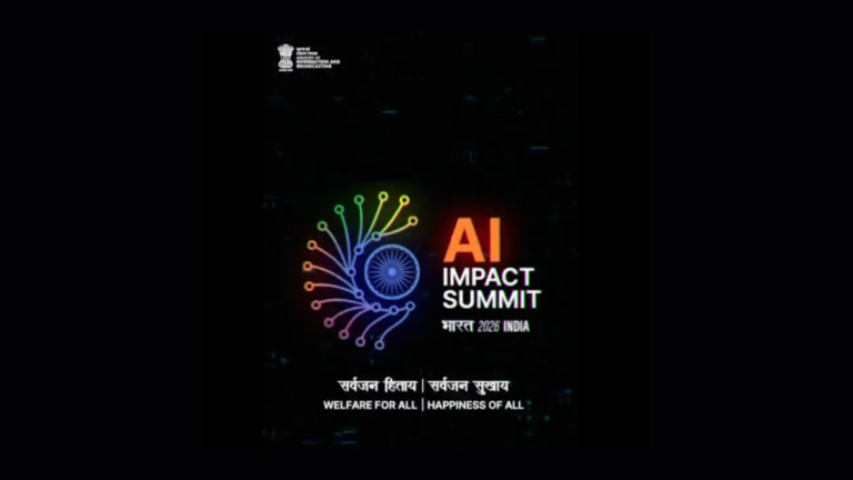 Official logo of the India-AI Impact Summit 2026 featuring the Ashoka Chakra and the theme "Welfare for All, Happiness of All" in Hindi and English.