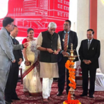 Union Minister for Tourism & Culture Gajendra Singh Shekhawat lighting a traditional lamp during the ITDC 60-year celebration at The Ashok.