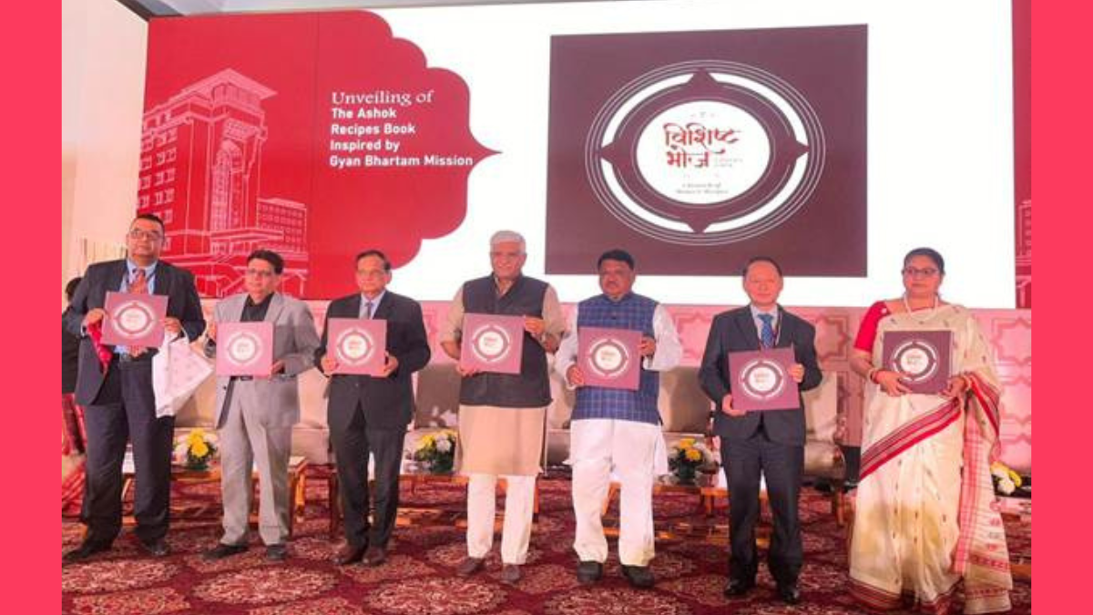 Dignitaries including Union Minister Gajendra Singh Shekhawat holding copies of 'The Ashok Recipe Book Inspired by Gyan Bhartam' at The Ashok, New Delhi.