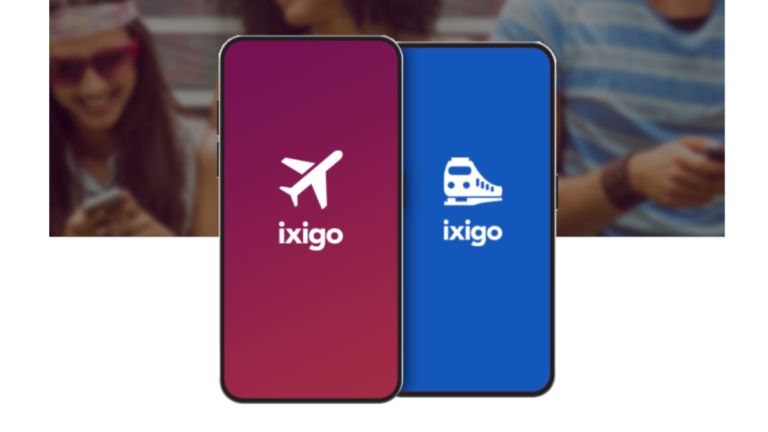 Two smartphones side-by-side displaying the purple ixigo flight booking app icon and the blue ixigo train booking app icon against a blurred lifestyle background.
