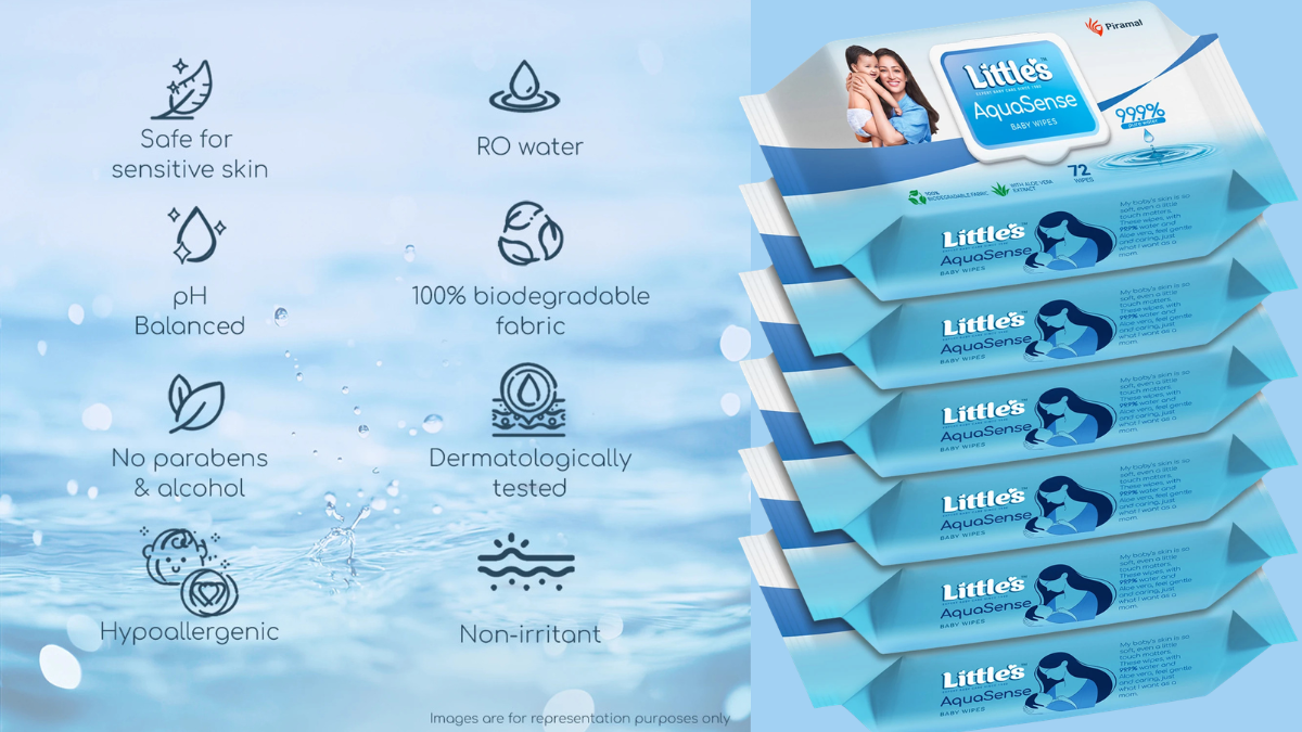 Infographic showcasing Little’s AquaSense baby wipes features: 99.9% RO water, pH balanced, 100% biodegradable fabric, dermatologically tested, and free from alcohol and parabens.