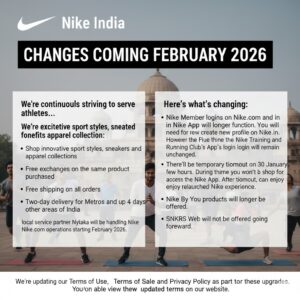 An announcement graphic from Nike India titled "CHANGES COMING FEBRUARY 2026" overlaid on a background of people doing yog...