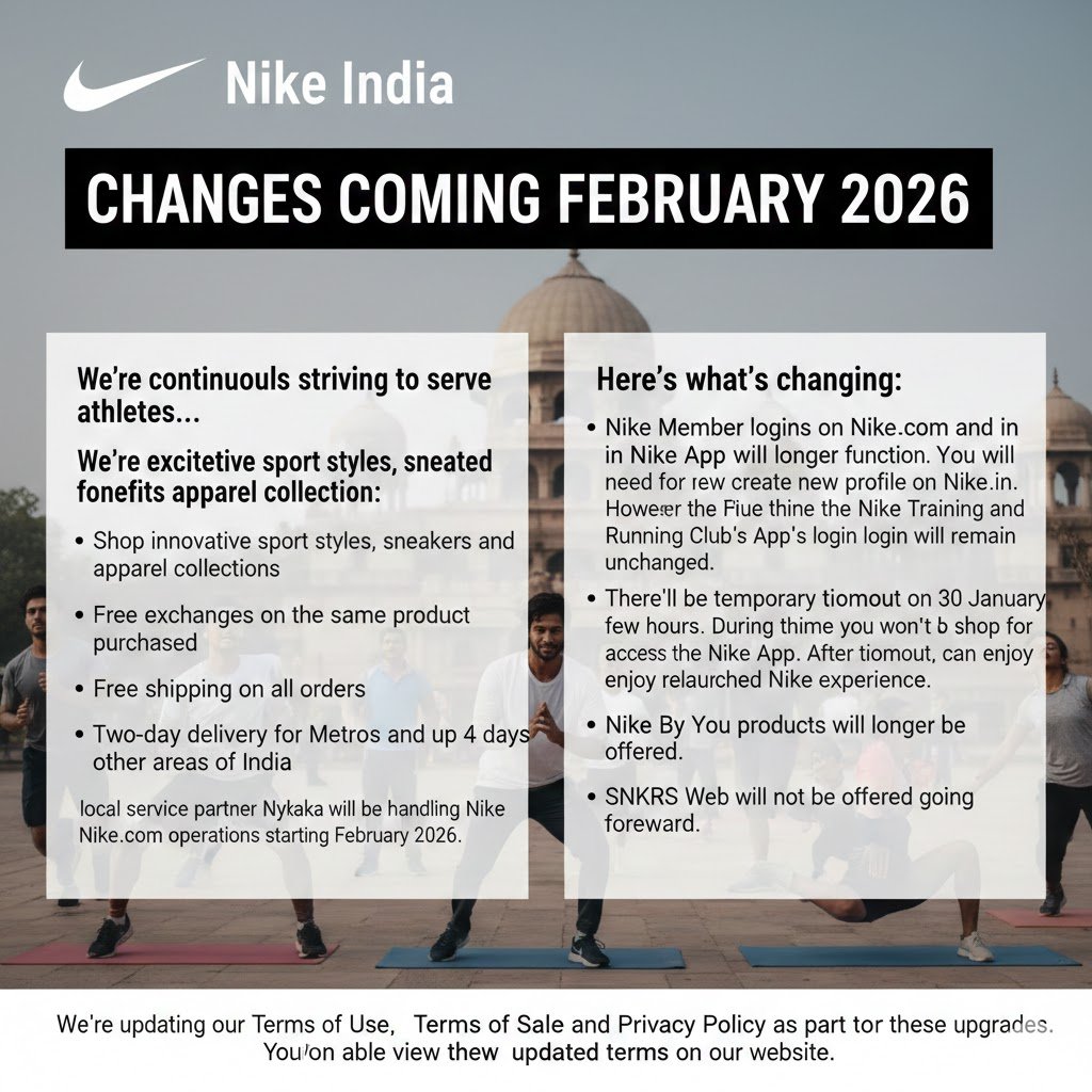 An announcement graphic from Nike India titled "CHANGES COMING FEBRUARY 2026" overlaid on a background of people doing yoga outdoors. The text outlines new benefits like free shipping and 2-day delivery in metros, alongside operational changes such as the requirement for new member profiles on Nike.in due to the Nykaa partnership
