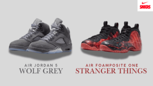 "Side-by-side promotional graphic displaying the grey Nike Air Jordan 5 Retro Wolf Grey on the left and the black and red ...
