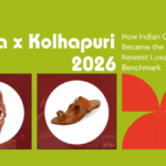 A vibrant lime-green graphic titled "Prada x Kolhapuri 2026" featuring two circular inset photos of traditional brown leather Kolhapuri sandals and red geometric patterns.