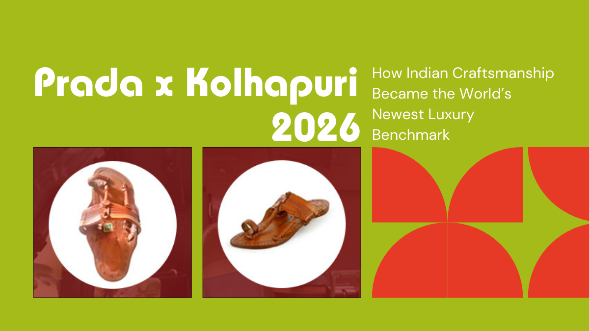 A vibrant lime-green graphic titled "Prada x Kolhapuri 2026" featuring two circular inset photos of traditional brown leather Kolhapuri sandals and red geometric patterns.