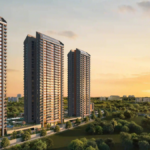 Architectural rendering of Purva Silversky featuring three 32-storey high-rise luxury towers in Bengaluru's Electronic City, surrounded by expansive green podiums and 88% open space.