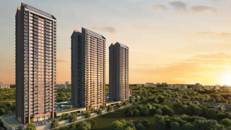 Architectural rendering of Purva Silversky featuring three 32-storey high-rise luxury towers in Bengaluru's Electronic City, surrounded by expansive green podiums and 88% open space.