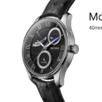 Rotoris Monarch 40mm Silver Black luxury watch featuring a textured black dial, Roman numerals, moon phase complication, and an ostrich leather strap.