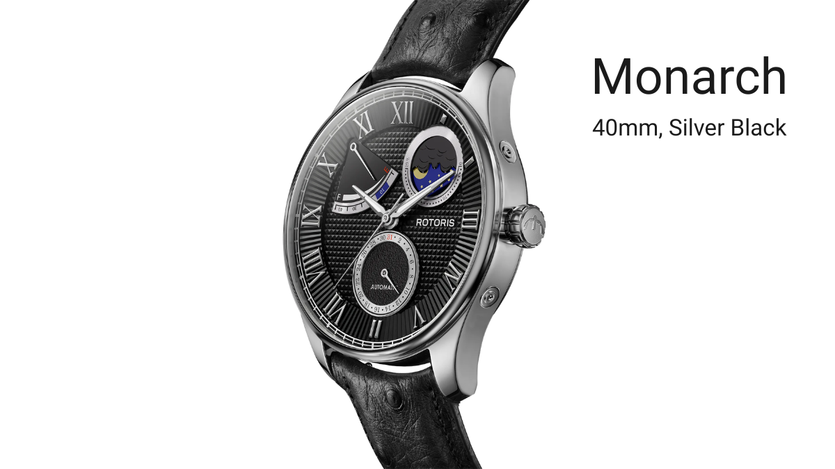 Rotoris Monarch 40mm Silver Black luxury watch featuring a textured black dial, Roman numerals, moon phase complication, and an ostrich leather strap.