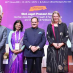 Union Health Minister Shri JP Nadda launching the SAHI and BODH initiatives on a digital screen at the India AI Impact Summit 2026 at Bharat Mandapam.