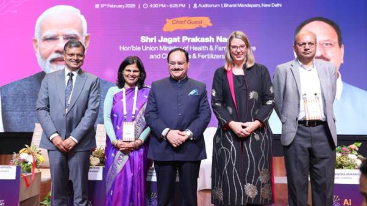 Union Health Minister Shri JP Nadda launching the SAHI and BODH initiatives on a digital screen at the India AI Impact Summit 2026 at Bharat Mandapam.