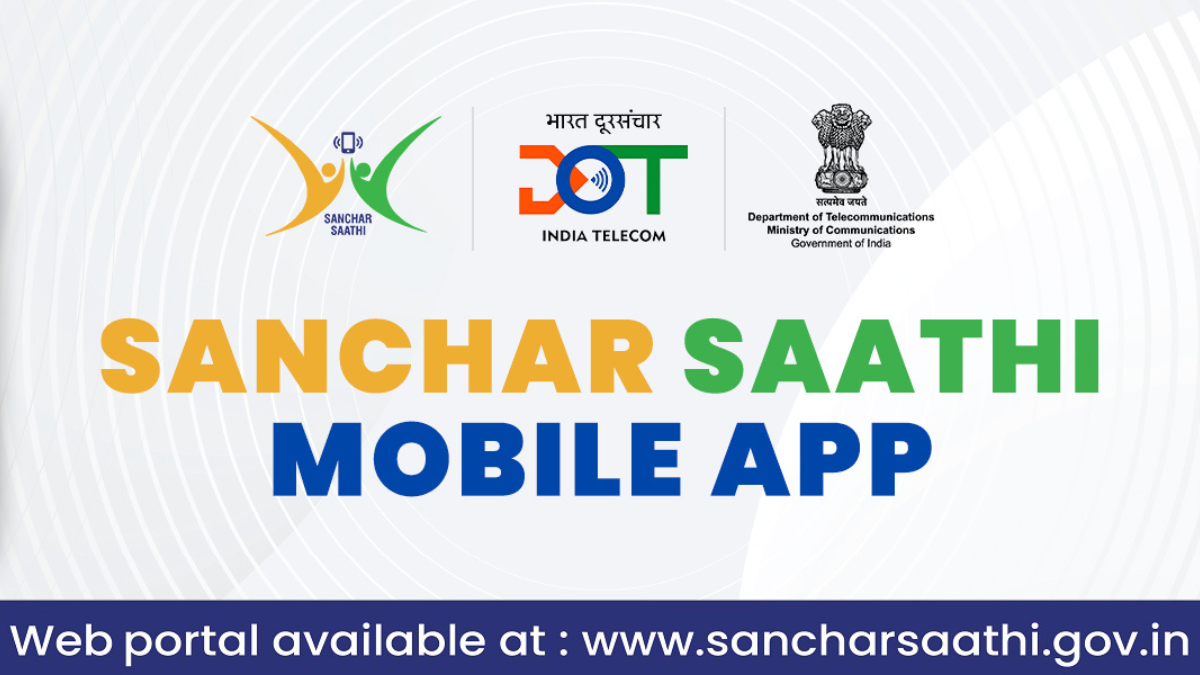 Official branding for the Sanchar Saathi mobile app, featuring logos for DoT India and the Ministry of Communications, Government of India.
