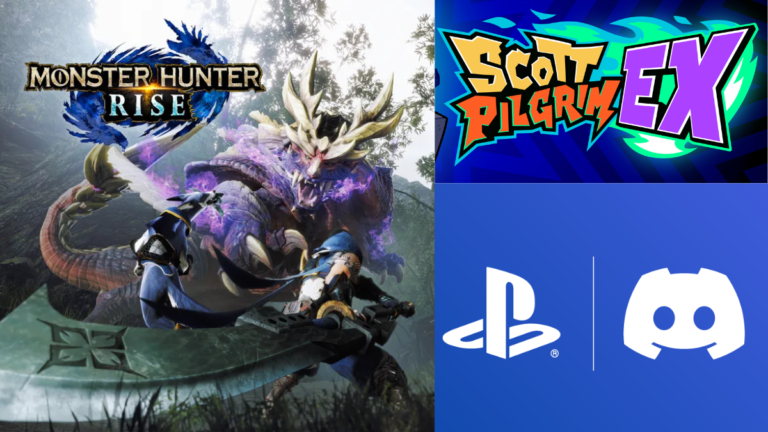 A collage featuring the Monster Hunter Rise key art, the Scott Pilgrim EX game logo, and the official PlayStation and Discord partnership branding.