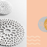 A two-part graphic featuring intricate circular sterling silver pendants on the left and a minimalist "Silgo" logo with wave patterns on a peach background on the right.