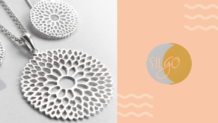 A two-part graphic featuring intricate circular sterling silver pendants on the left and a minimalist "Silgo" logo with wave patterns on a peach background on the right.