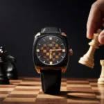 A close-up of the Titan "Grandmaster X Gukesh Dommaraju" limited edition watch featuring a square rose-gold case and a checkered marquetry dial made of tiger eye and black agate. The watch is positioned on a chessboard next to a white King piece.